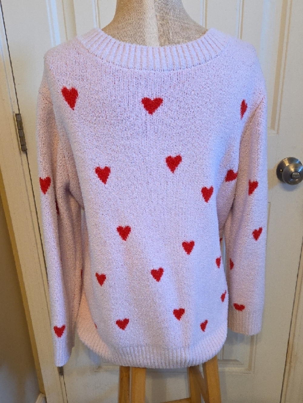 Light Pink Crewneck Sweater with Red Hearts - Picture 2 of 6